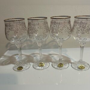 Vintage Bohemia Crystal Wine Glasses Gold Rim Floral 7 1.4 inch.Set of 4. New